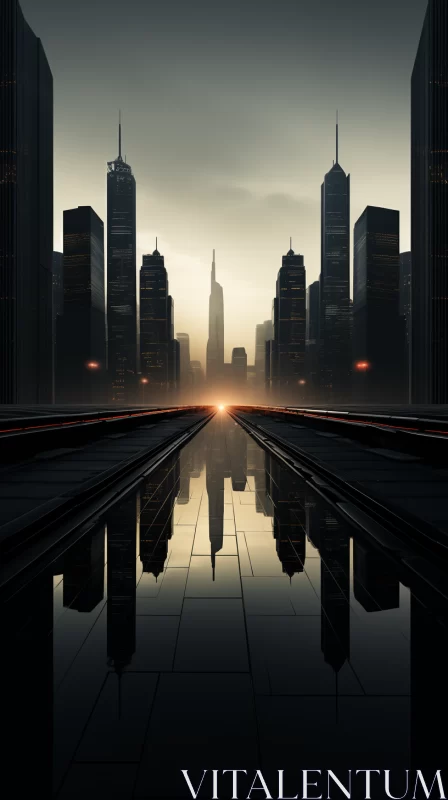 Futuristic Sunset Cityscape with Amber Reflections AI Image