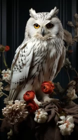 White Owl Amid Roses in Zbrush Style: A Museum-quality Diorama AI Image