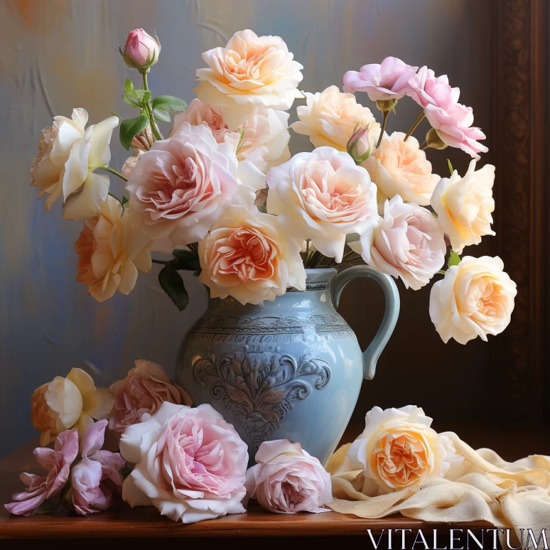 Classical Romanticism Inspired Realistic Still Life of Pink Roses AI Image