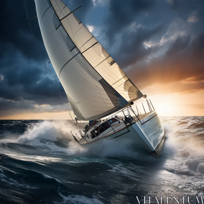 Dramatic Sailboat Confronting Stormy Sea, Unique Photorealistic Image AI Image