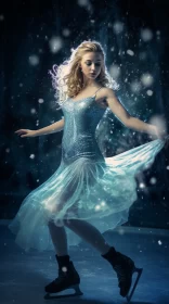 Ice Queen in Blue Dress on Snowy Rink under Ethereal Lighting AI Image
