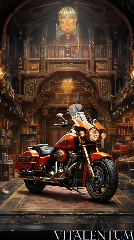 Orange Harley Davidson Motorcycle in Gothic Revival Room AI Image