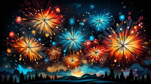 Fireworks Over Mountain Lake - A Stained Glass Night Sky AI Image