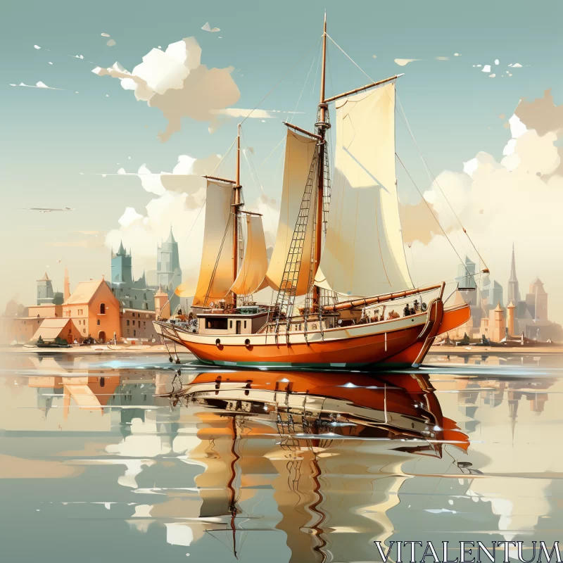 Vintage Sailboat and Cityscape in Amber Light AI Image