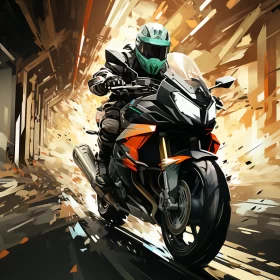 Anime-Style Motorcyclist Racing in Tunnel Illustration AI Image