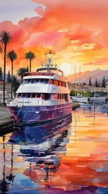 Colorful Cubist-Style Yacht at Tranquil Marina with Vivid Cityscape AI Image