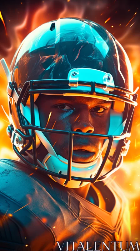Intense American Football Player in Flame-Infused Helmet AI Image