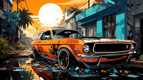 Psychedelic Artwork of Ford Mustang on City Street - AI Art images AI Image
