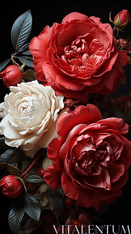 Baroque Inspired White and Red Roses - A 3D Masterpiece AI Image