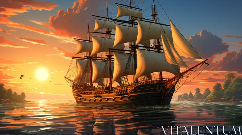 Historic Ship Sailing at Sunrise: An Enchanting Classical Scene AI Image