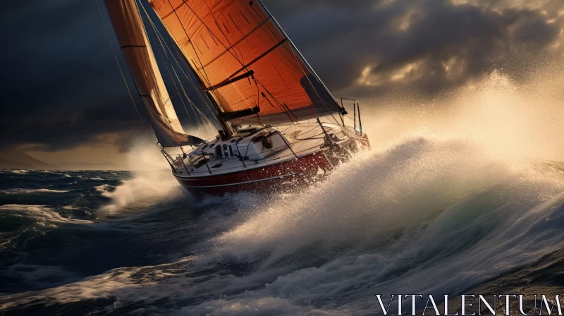 AI ART Hyper-Realistic Image of Red Yacht Navigating Fiery Sunset
