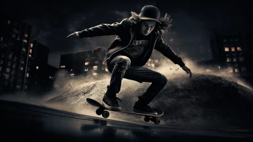 Night Skateboarding Scene with High-Key Lighting and Smoky Background AI Image