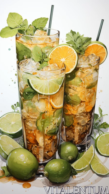 Photorealistic Art of Iced Drinks with Limes in Glass AI Image