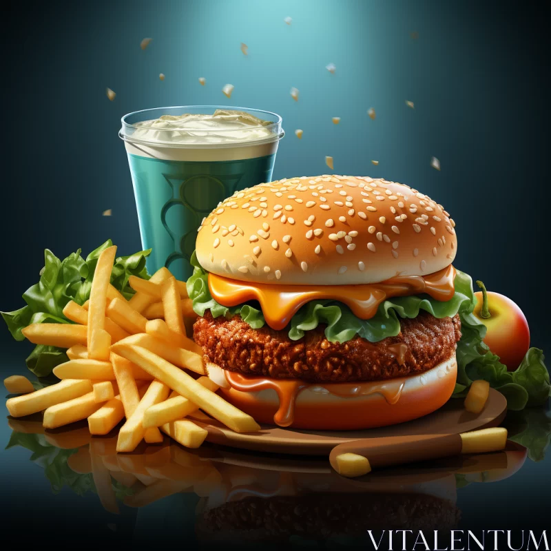 Realistic Render of Burger, Fries, and Drink on Dark Background AI Image