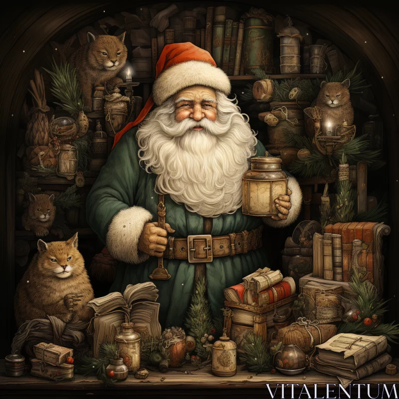 Santa Claus with Cats and Books - A Primitivist Christmas Illustration AI Image