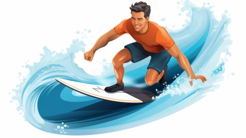 Vibrant 2D Vector Illustration of Surfer Riding Wave, Precisionist Technique Employed, Vivid Colors  AI Image