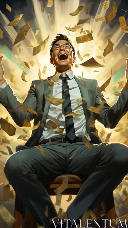 Man in Suit with Coins from Eyes, Symbolizing Financial Success AI Image