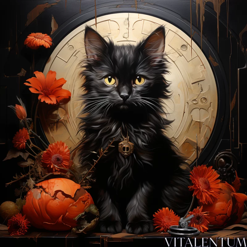 Obsidian Kitten on Mysterious Clock with Orange Floral Backdrop AI Image