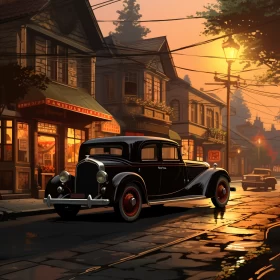 Vintage Car Street Scene in 2D Game Art Style - AI Art images AI Image