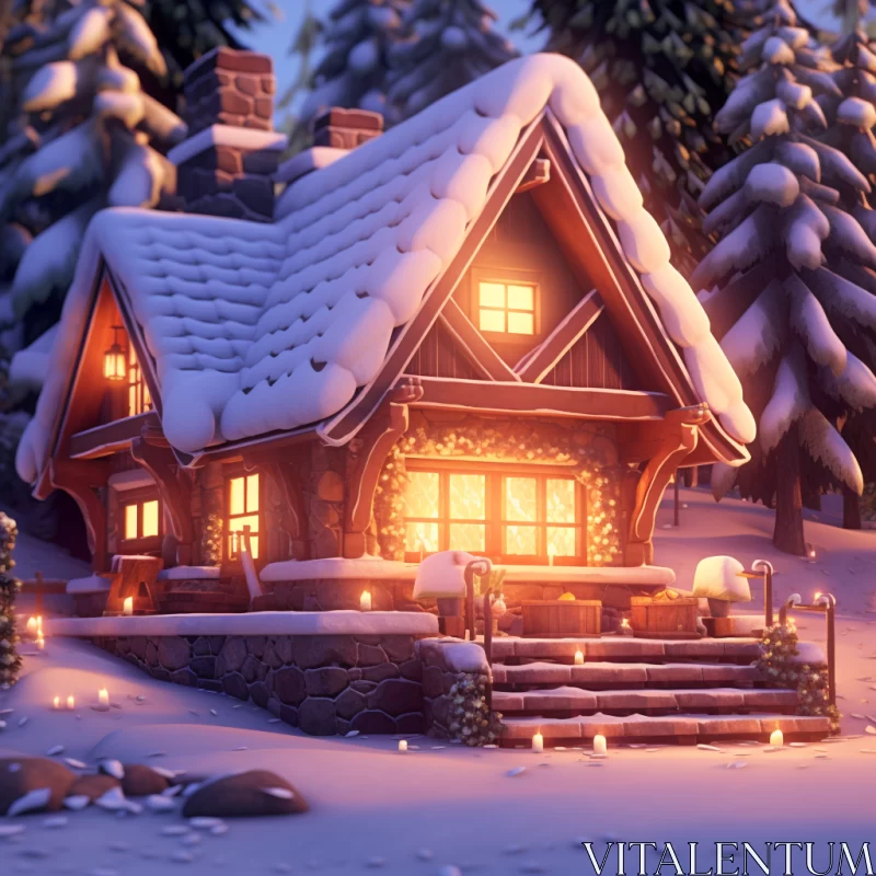 3D Art Scene of a Traditional Holiday in a Snowy Cabin AI Image