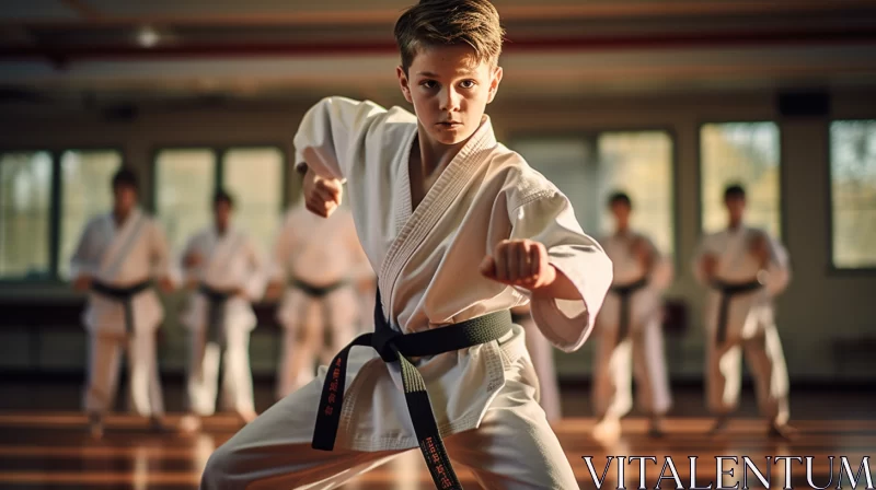 Energetic Young Boy Practicing Karate in Well-lit Gym - Reductionist Style Art AI Image
