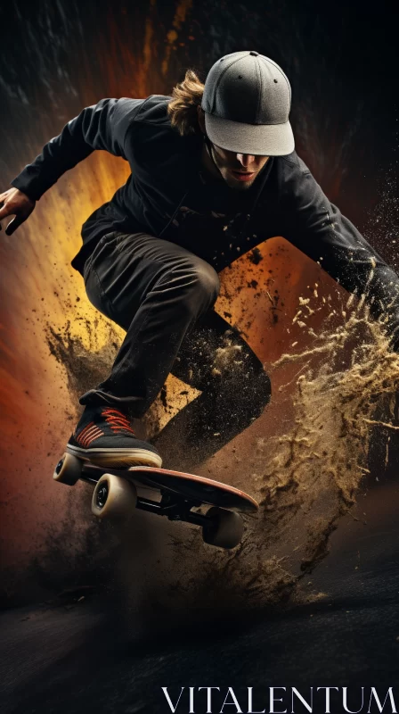 AI ART Ultra-HD Image of Skateboarder Jumping in Muddy Terrain with Dark Gold and Orange Hues