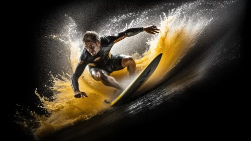 Action-packed Surfing Image Featuring Man on Yellow Surfboard Amidst Turbulent Sea, Dramatic Lightin AI Image