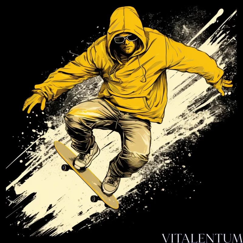 Edgy Skateboarder Illustration in Vibrant Yellow Hoodie AI Image