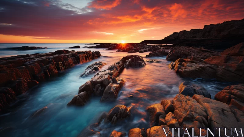 Epic Coastal Landscape with Vivid Sunset and Rugged Terrain AI Image