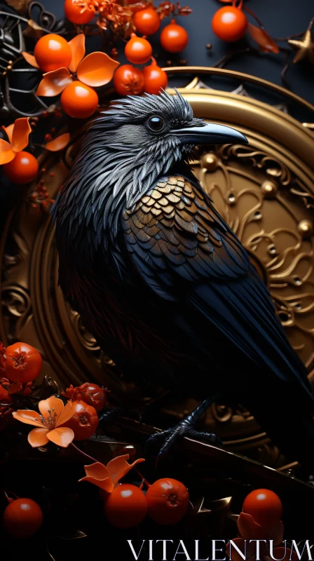 Majestic Black Bird on a Gleaming Gold Plate: A Mesmerizing and Enchanting Artwork AI Image
