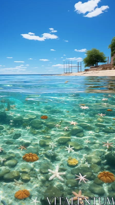 Serene Sea Beauty with Swimming Starfish and Clear Blue Sky AI Image