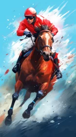 Vivid UHD Image of Jockey Racing Horse in Vast Field with Sky-Blue Backdrop AI Image