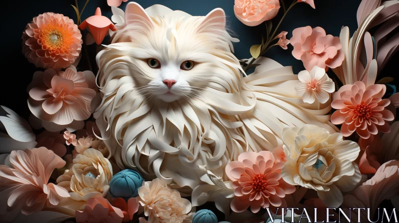 White Cat Illustration with Peonies in Zbrush Style AI Image