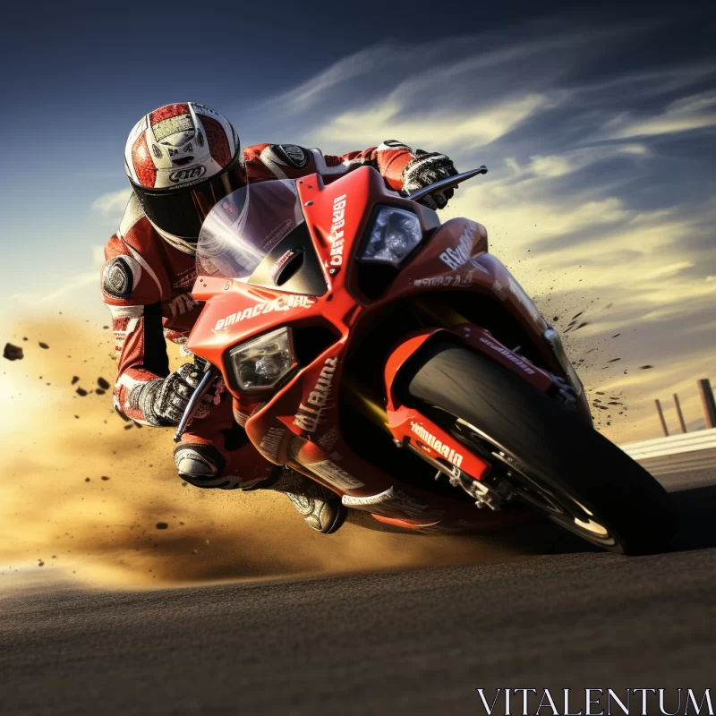 8K Photorealistic Image of Motorcycle Race in Sunset with Dramatic Shadows AI Image