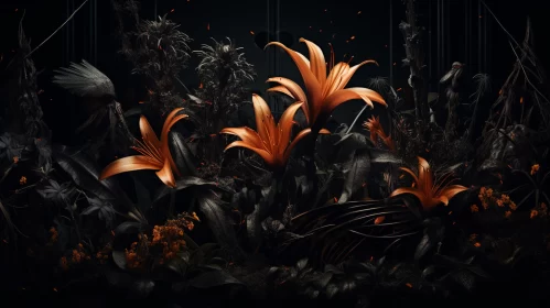 Enigmatic Tropics: Orange Flowers Against a Dark Landscape