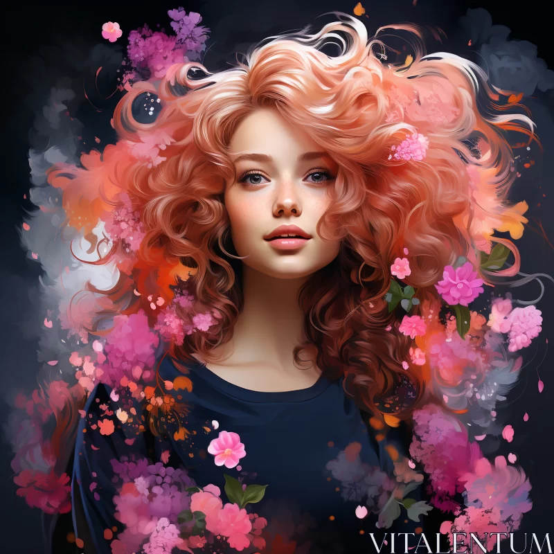 Fantasy Realism Art of Red-Haired Girl with Cherry Blossoms AI Image