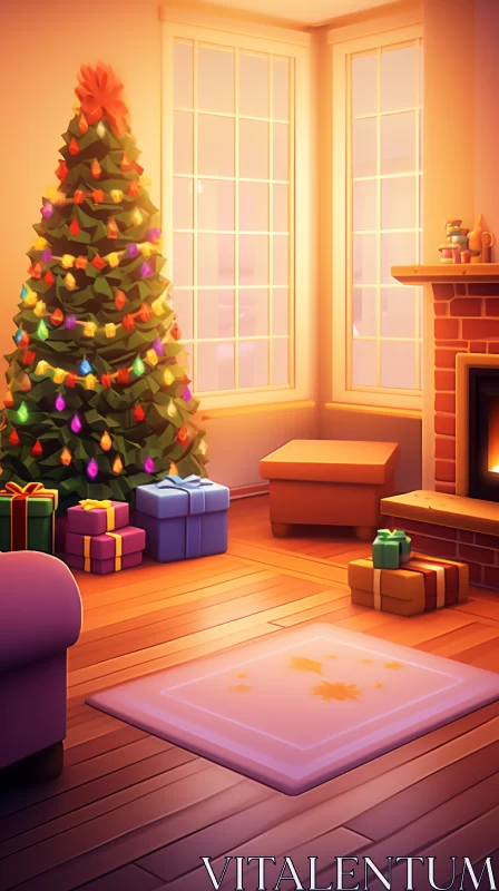 Festive Room with Christmas Tree and Presents in Cartoon Realism Style AI Image