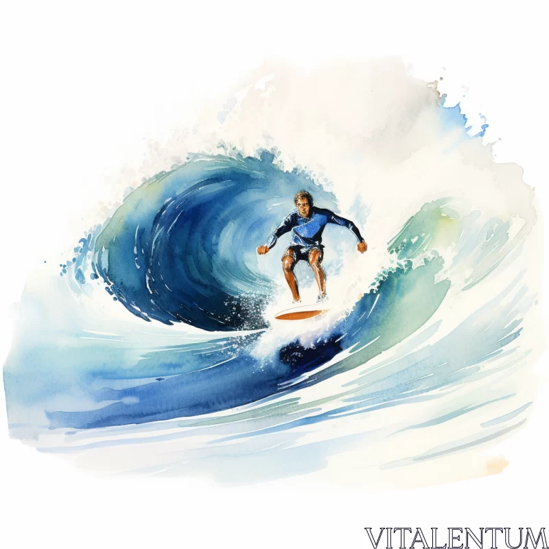 AI ART High-Resolution Watercolor Illustration of Man Surfing Wave, Cyclorama of Blue and Amber Hues, Rim L
