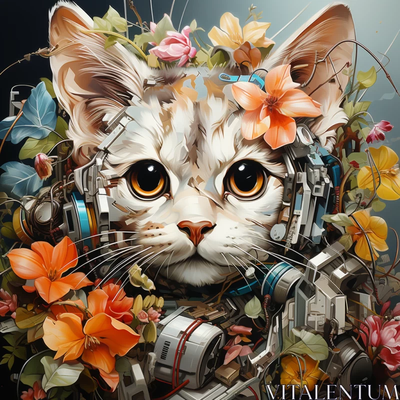 Industrially-Built Cat Artwork with Radiant Flowers AI Image