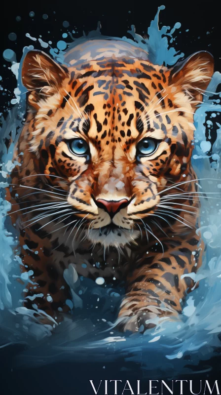 Jaguar in Water: An Intense Illustration in Brown and Azure AI Image