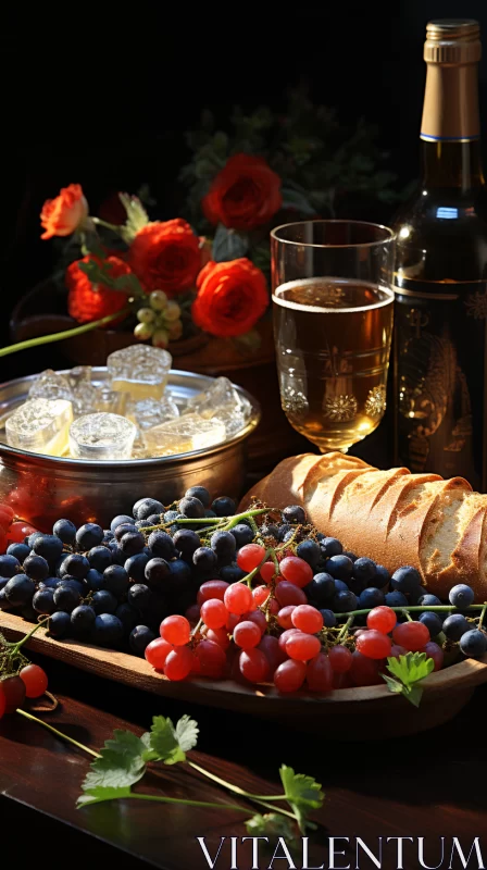 Romantic Feast Table with Wine, Fruit, and Bread AI Image