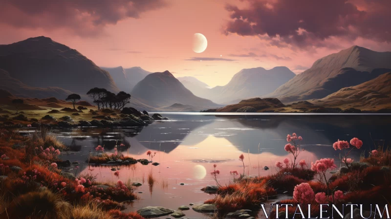 Serene Digital Art of Scottish Highlands at Sunset AI Image
