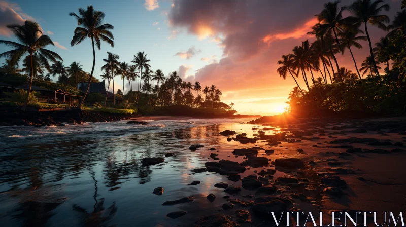 Tropical Sunset Scene with Bold Hues and Beachfront View AI Image