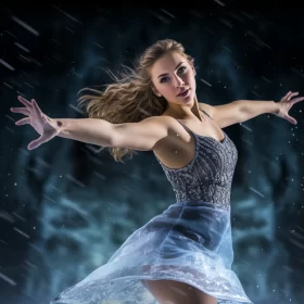Dynamic Figure Skater Image in Rain-filled Cinematic Studio AI Image