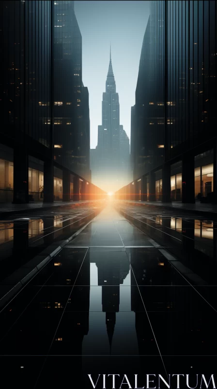 Futuristic City Street at Sunrise with Silhouette Skyline AI Image