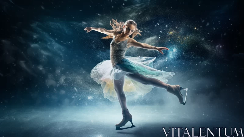 Graceful Blonde Figure Skater on Snowy Ice Stage in Vibrant Hues AI Image