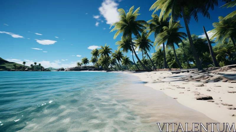Outrun-style Tranquil Beach with Tropical Palms and Azure Sea AI Image