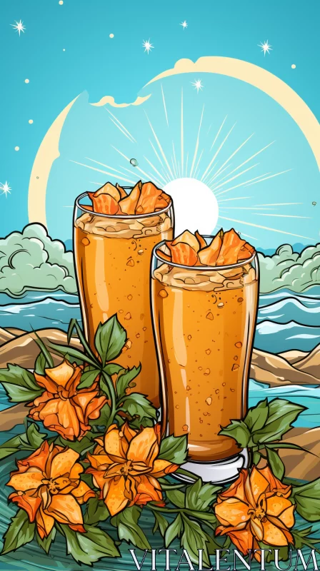 Artistic Illustration of Orange Drinks by the Ocean AI Image