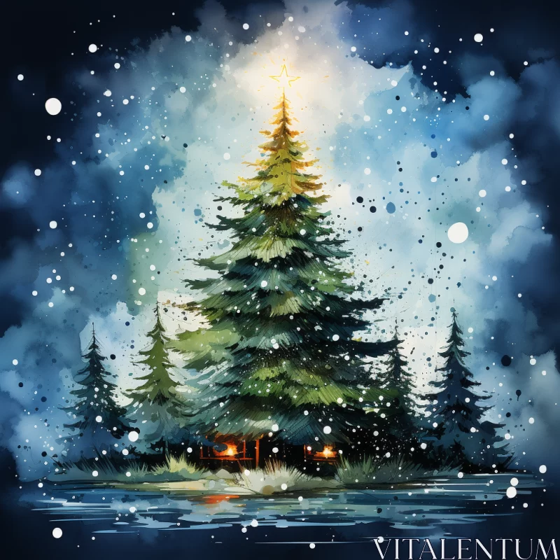 Christmas Tree Watercolor Illustration in Nighttime Landscape AI Image