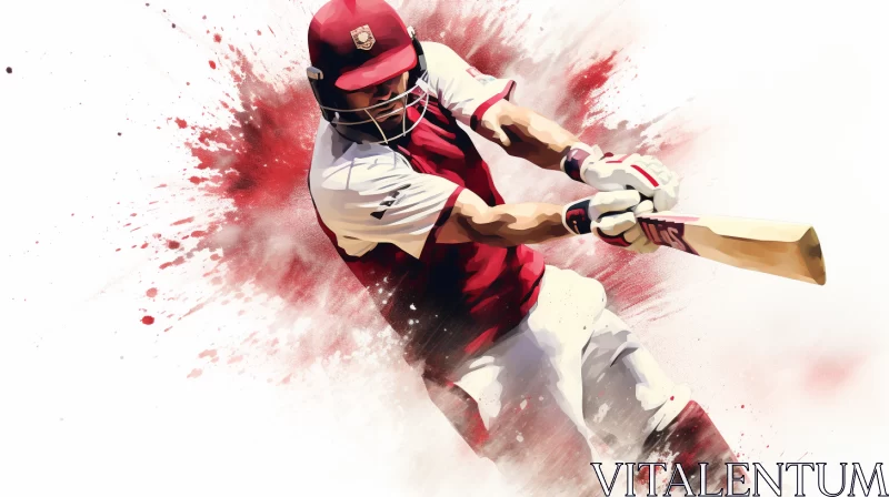 Dynamic Cricket Player Painting in Striking Crimson, Maroon, White AI Image